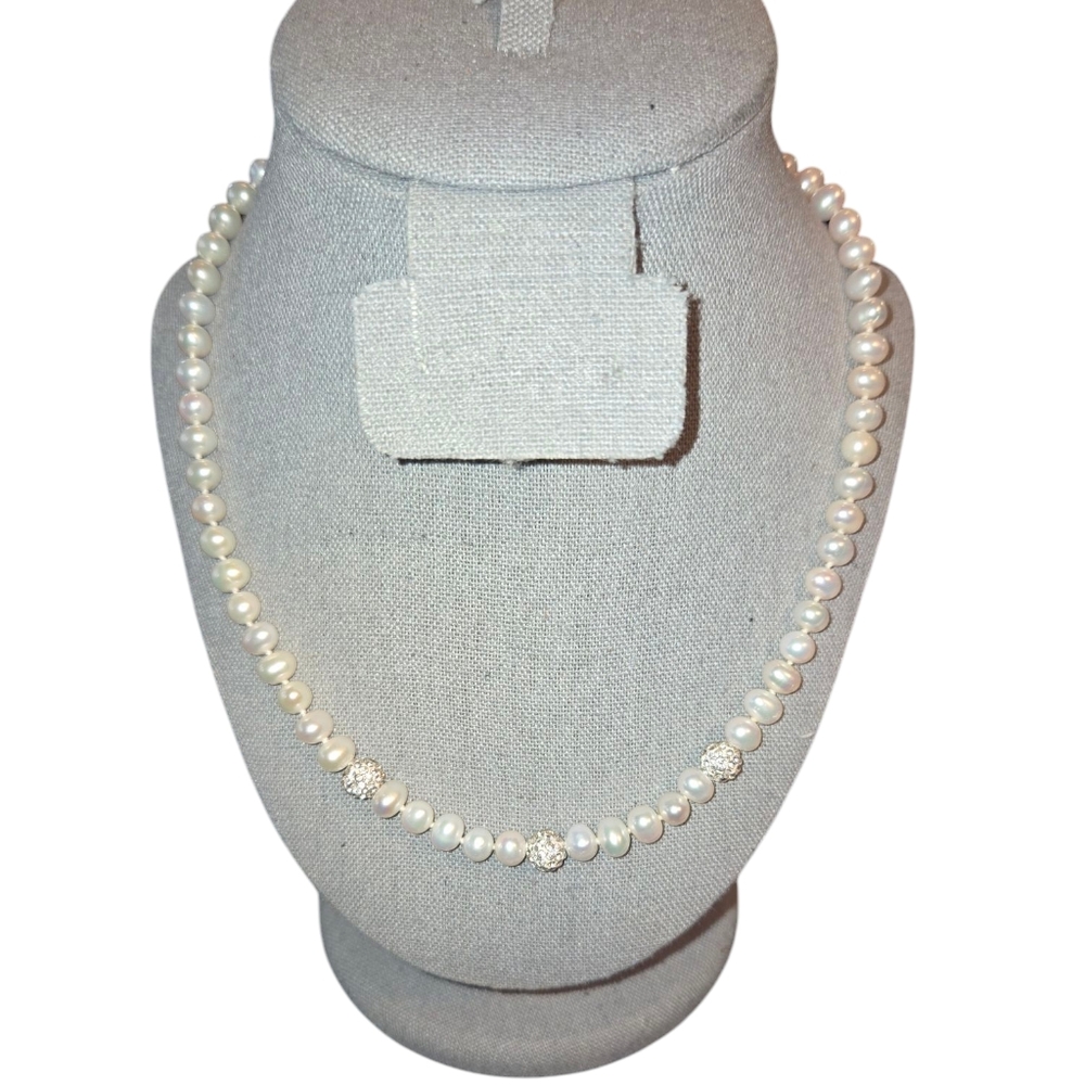IPS 3 Clustered Crystal Beads On Cultured‎ Pearl Sterling 925 Clasp Necklace 18"